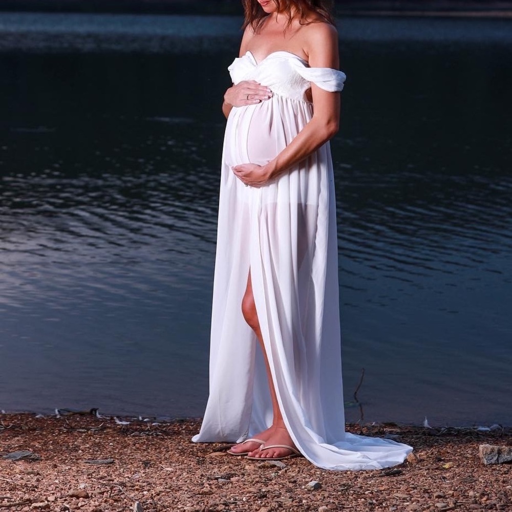White Maternity Dress for Photoshoot. Slit up front,lace bodice.